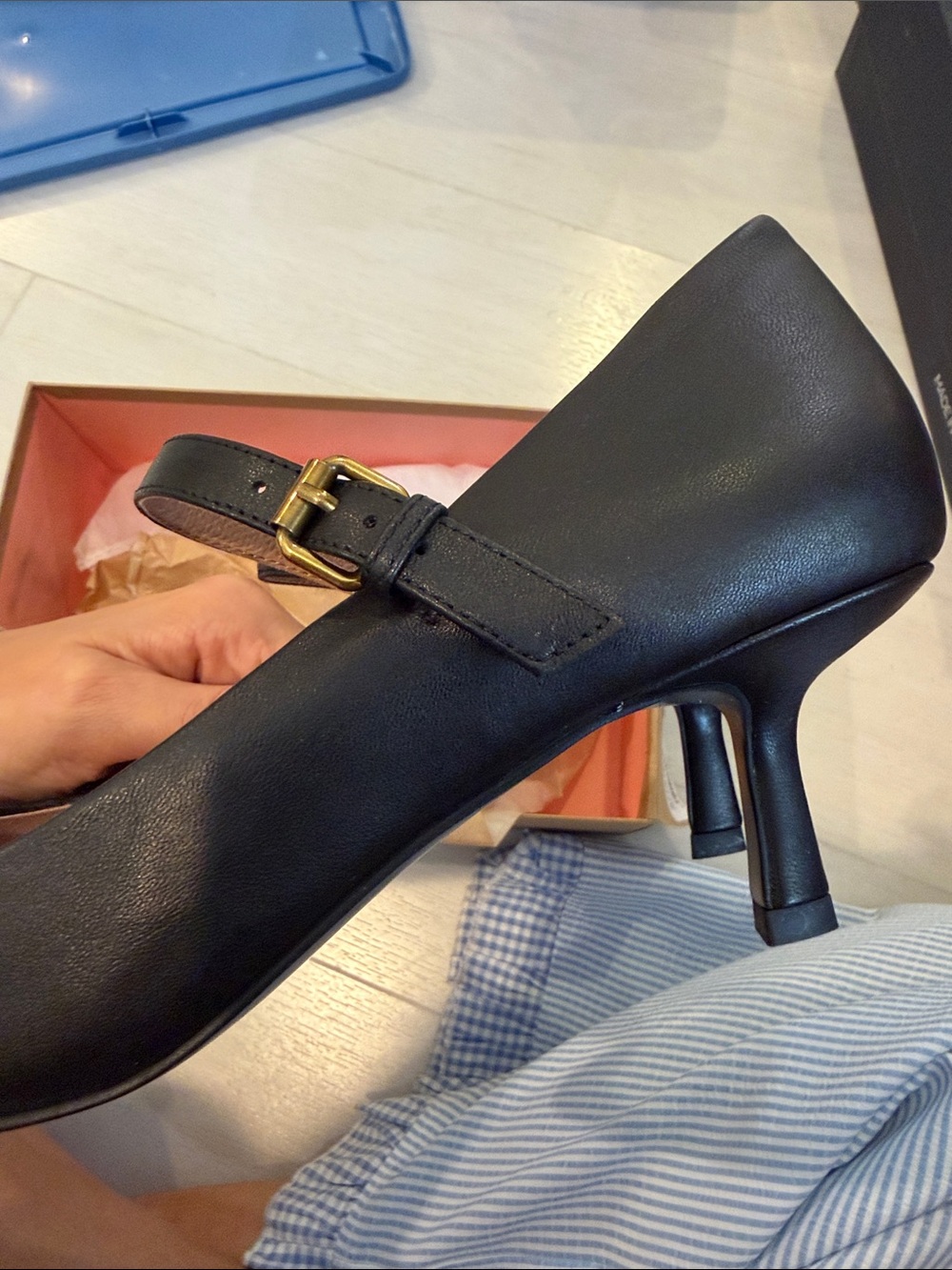 Bibi Lou Black Leather Pointed Mary Jane Pumps with Gold Bit - Picture 9 of 10